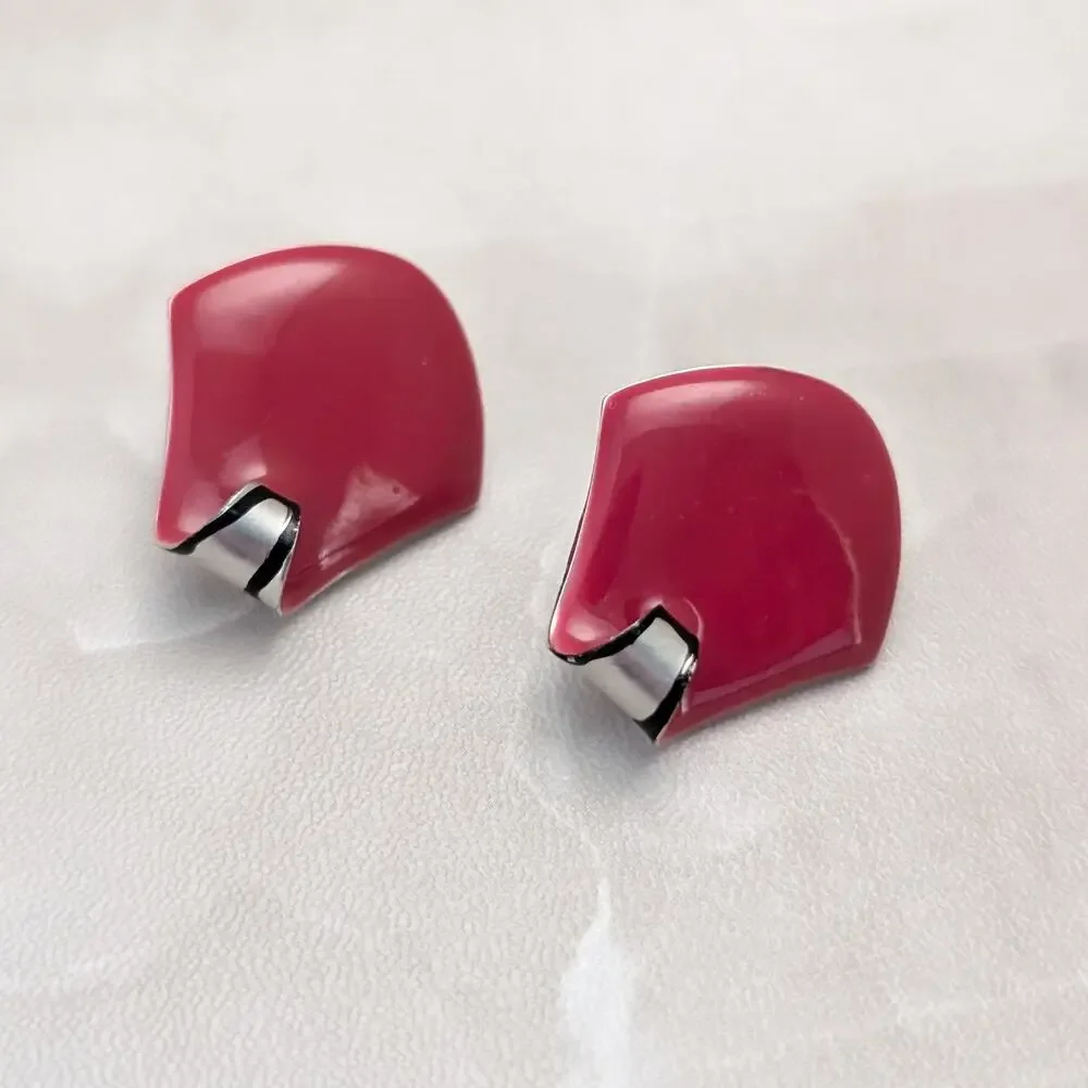 Vintage Clip On Earrings Very Unusual Red Enamel Curved Top - Some Marks